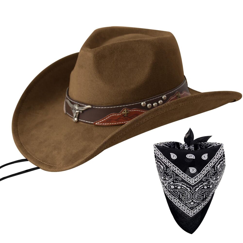 7520 Cowboy Hat with Bandana Set - Adjustable Wide Brim Western Hat &